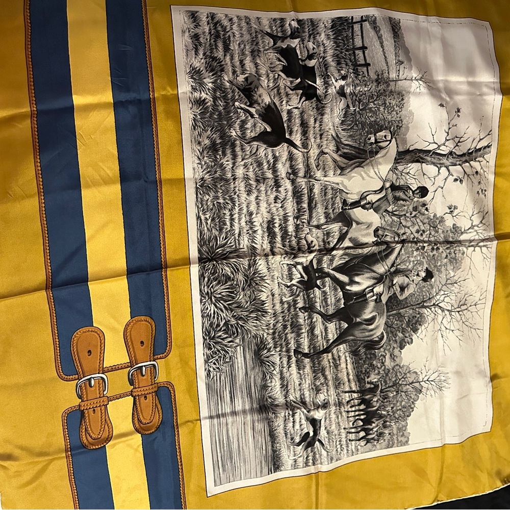 Equestrian Print Scarf with Yellow and Blue Stripes
